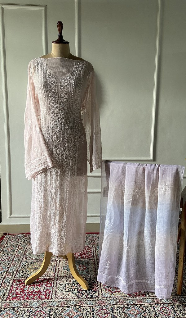 blush pink pure kota cotton chikankari 3 pc semi-stitched suit set on mannequin