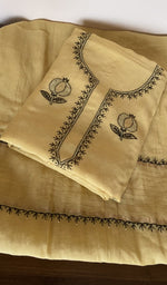 Folded butter yellow mul chanderi kurta, gala and neckline work