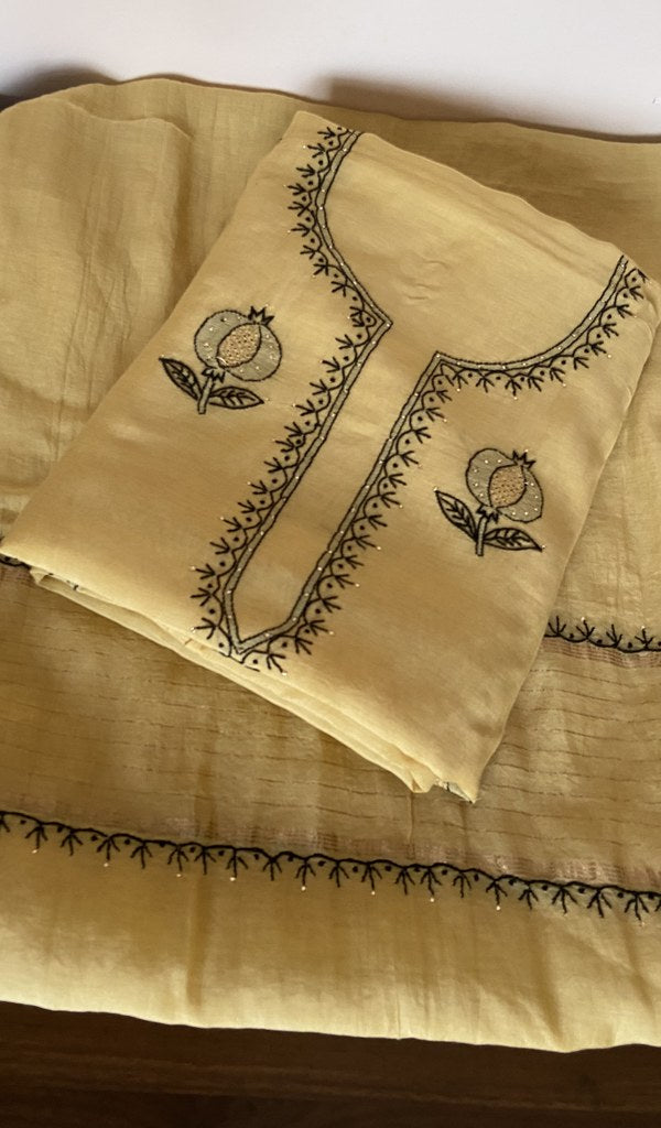 Folded butter yellow mul chanderi kurta, gala and neckline work