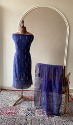 Royal blue mul chanderi set on the mannequin with its dupatta