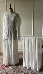 Load image into Gallery viewer, white viscose georgette chikankari set on the mannequin, dupatta on the stand