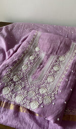 Load image into Gallery viewer, Orchid Purple pure mul chanderi kurta piece folded, fine chikankari in view