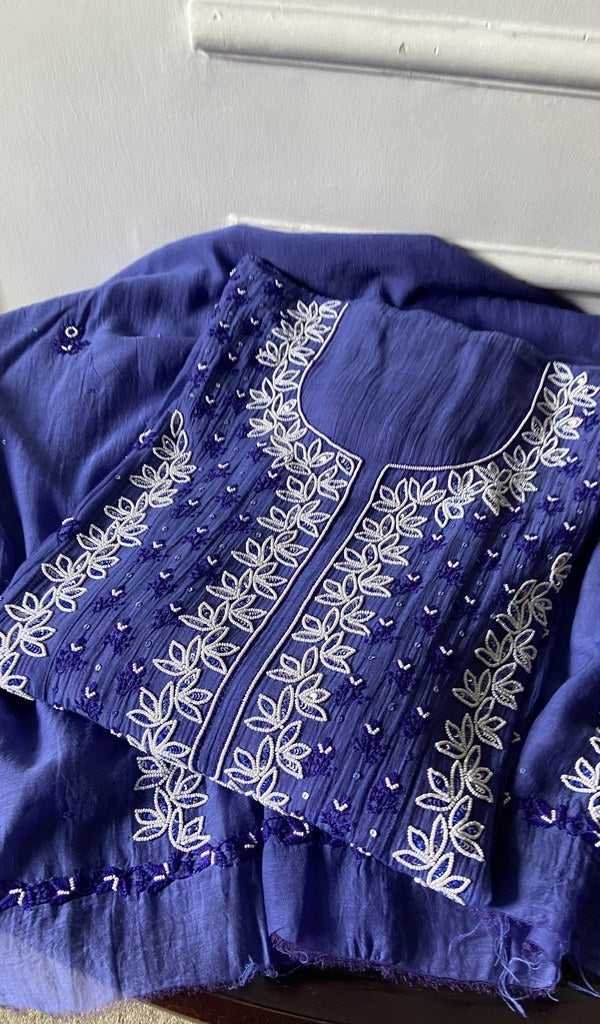 Saziya — Blue Pure Mul Chanderi Chikankari 2 Pc Semi-Stitched Suit Set