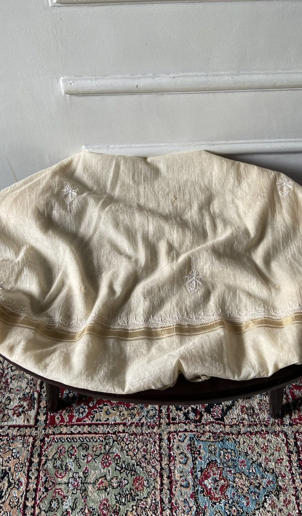 Pale cream mul chanderi chikankari 3 pc unstitched suit set laid out