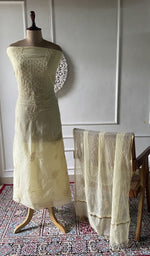 Load image into Gallery viewer, Lemon yellow mul chanderi chikankari 3 pc unstitched suit set laid out