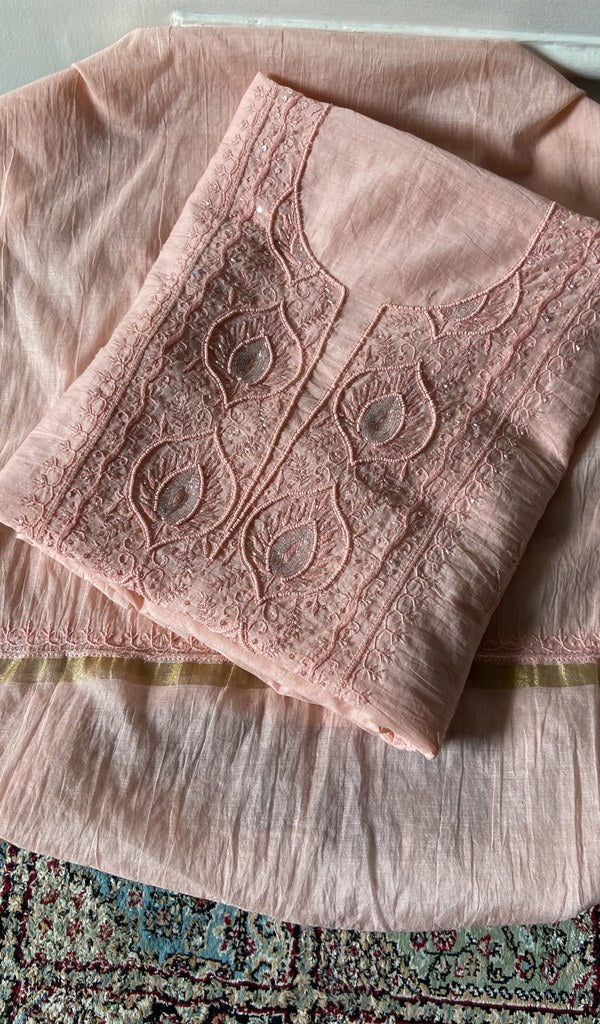 peach pure mul chanderi chikankari suit set, folded