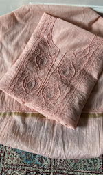 peach pure mul chanderi chikankari suit set, folded