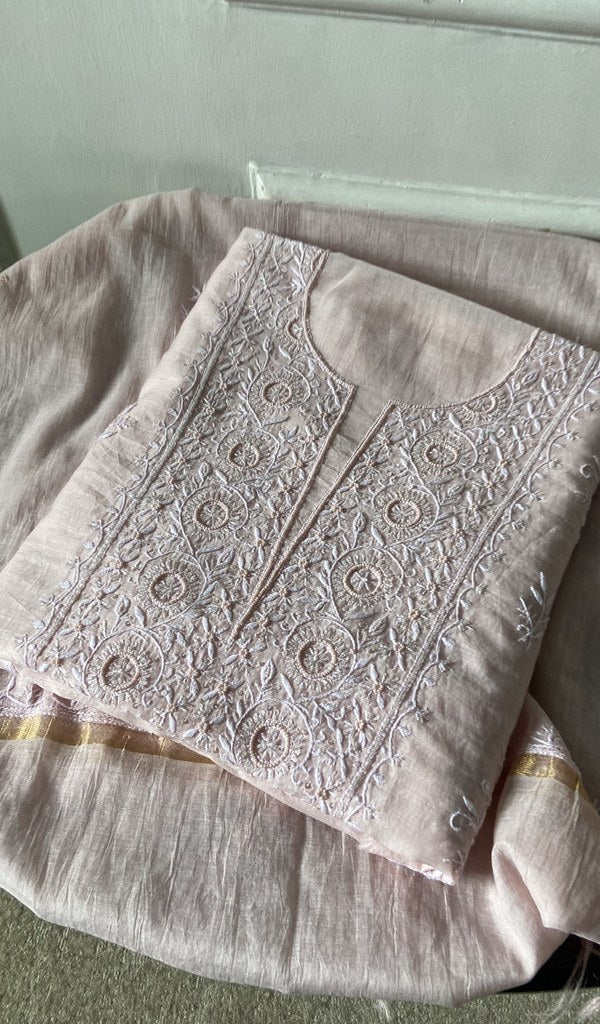 dusty pink pure mul chanderi kurta piece folded, fine chikankari with beads cutdana and sequins on neck