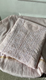 dusty pink pure mul chanderi kurta piece folded, fine chikankari with beads cutdana and sequins on neck