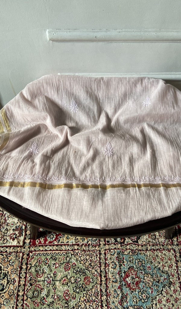 Blush pink mul chanderi chikankari 3 pc unstitched suit set laid out