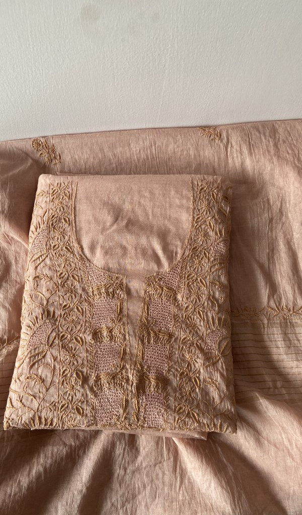 Peach pure mul chanderi kurta piece folded, do taar and teen taar jaaldar chikankari with fine haath ki