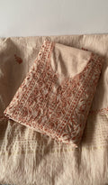 Rima — Peach Pure Mul Chanderi Rust Thread Chikankari 3 Pc Unstitched Suit Set