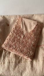 Peach pure mul chanderi kurta piece folded, do taar and teen taar jaaldar chikankari with fine haath ki
