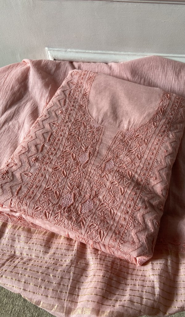 blush pure mul chanderi chikankari suit set, folded