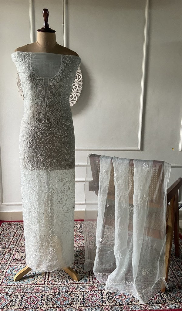 Sage grey pure organza silk chikankari 2 pc unstitched suit set laid out
