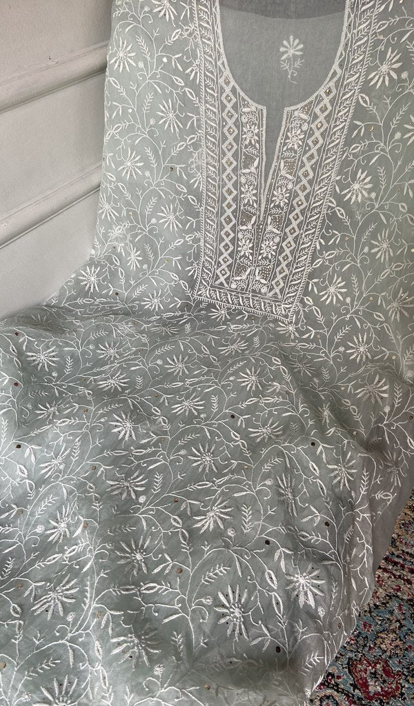 Border and hem of the sage grey pure organza silk