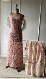 coral pure mul chanderi chikankari set on the mannequin with the dupatta