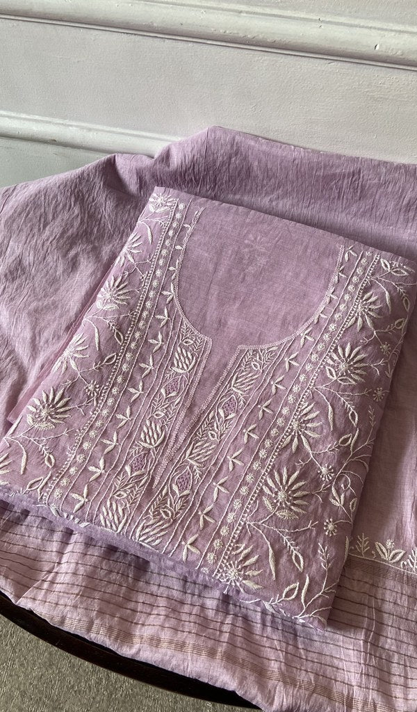 purple pure mul chanderi kurta piece folded, fine do taar and teen taar jaaldar chikankari with haath ki 