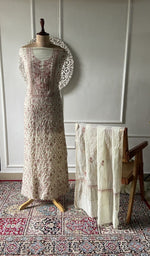 Load image into Gallery viewer, light olive green pure mul chanderi chikankari set on the mannequin, dupatta on the stand