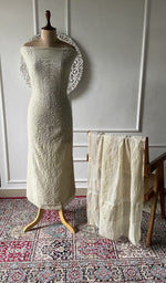 Load image into Gallery viewer, green pure mul chanderi chikankari set on the mannequin, dupatta on the stand