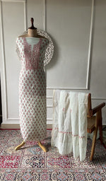 Load image into Gallery viewer, mint green pure mul chanderi chikankari set on the mannequin, dupatta on the stand