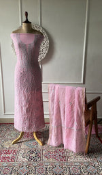 Load image into Gallery viewer, pink pure mul chanderi chikankari set on the mannequin, dupatta on the stand