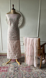 Load image into Gallery viewer, blush pink pure mul chanderi chikankari set on the mannequin, dupatta on the stand