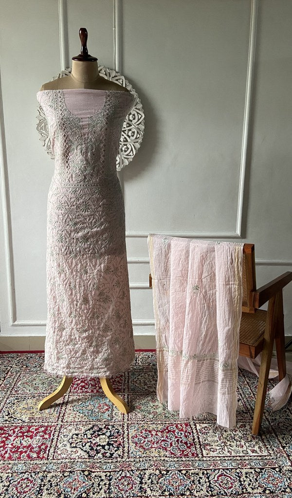 blush pink pure mul chanderi chikankari set on the mannequin, dupatta on the stand