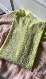 Green pure mul chanderi kurta piece folded, do taar and teen taar chikankari with haath ki jaali