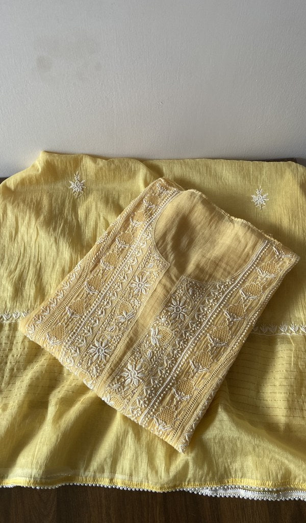 Kanza — Yellow Pure Mul Chanderi Chikankari 3 Pc Semi-Stitched Suit Set