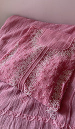 Load image into Gallery viewer, Pink pure mul chanderi kurta piece folded, fine chikankari in view