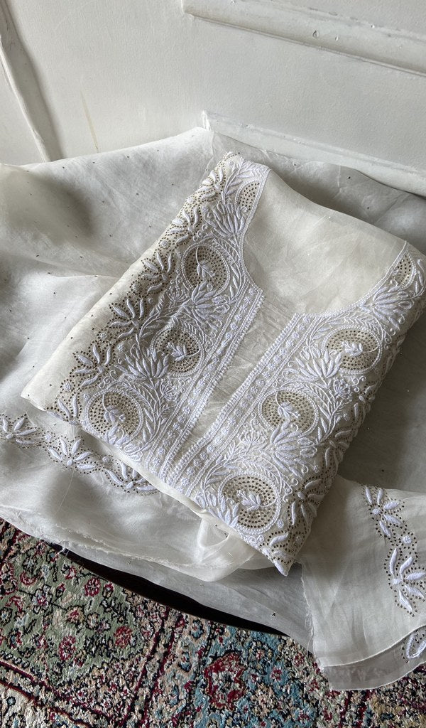 Off White Pure Organza Silk Chikankari 2 Pc Unstitched Suit Set