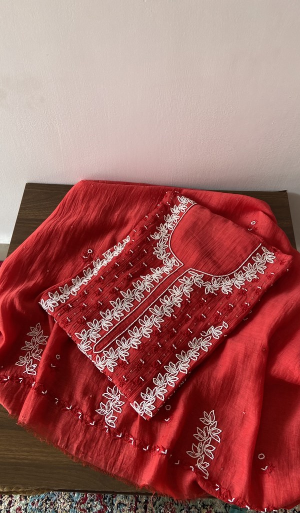 Saziya — Red Pure Mul Chanderi Chikankari 2 Pc Semi-Stitched Suit Set