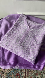 Load image into Gallery viewer, purple pure chanderi silk chikankari set on the mannequin, dupatta on the stand