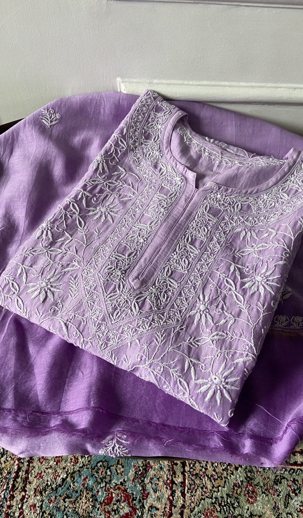 purple pure chanderi silk chikankari set on the mannequin, dupatta on the stand
