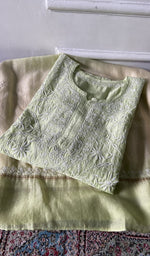 Load image into Gallery viewer, green pure chanderi silk chikankari set on the mannequin, dupatta on the stand
