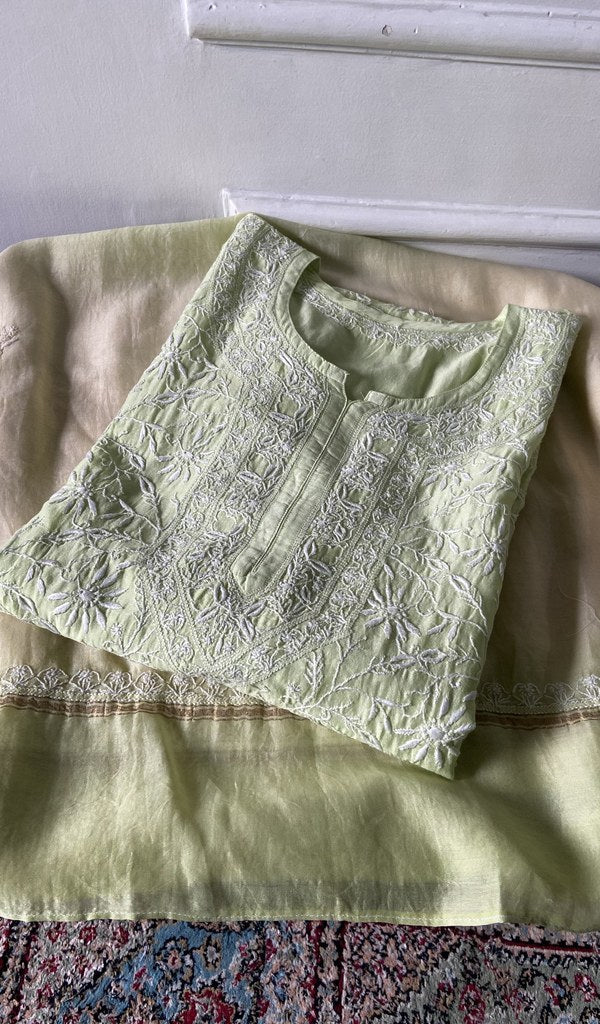 green pure chanderi silk chikankari set on the mannequin, dupatta on the stand