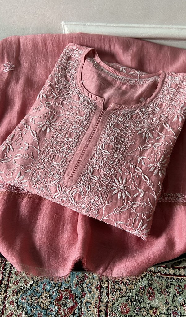 pink pure chanderi silk chikankari set on the mannequin, dupatta on the stand