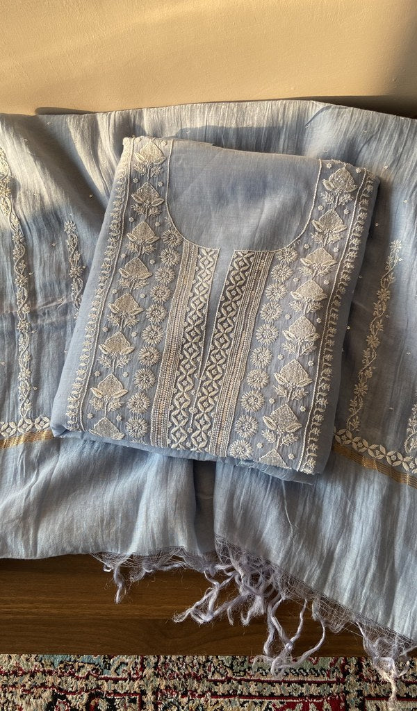 Folded powder blue mul chanderi kurta, front view