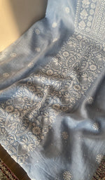 Powder blue mul chanderi kurta, close view of the embroidery