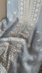 Fine chikankari on panel on the powder blue mul chanderi