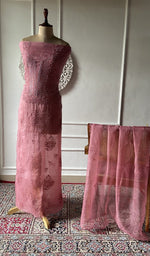 Load image into Gallery viewer, rose pink pure organza silk chikankari set on the mannequin, dupatta on the stand