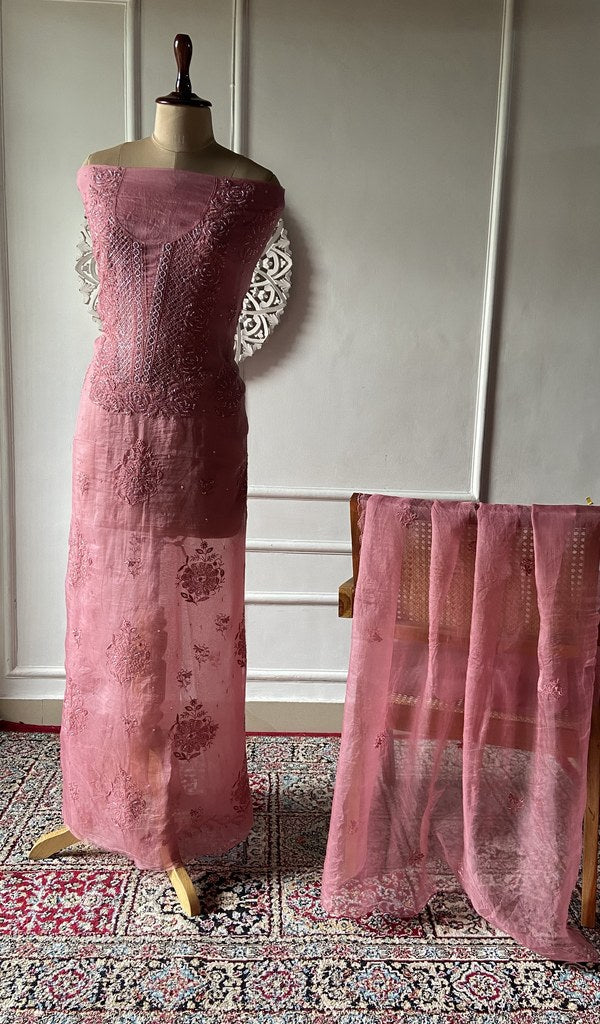 rose pink pure organza silk chikankari set on the mannequin, dupatta on the stand