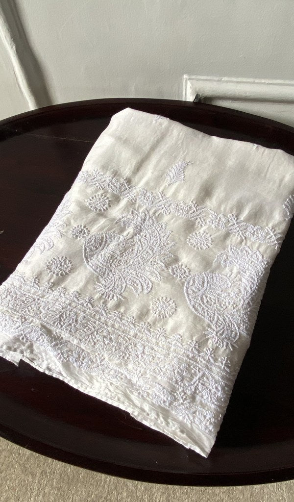 Off White Pure Chanderi Silk Chikankari 1 Pc Unstitched Kurti Fabric