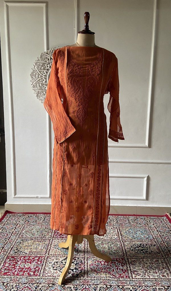 rust pure mul chanderi chikankari kurta fabric on the mannequin
