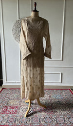 Load image into Gallery viewer, beige pure mul chanderi chikankari kurta fabric on the mannequin