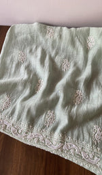 Thread detail on green pure mul chanderi