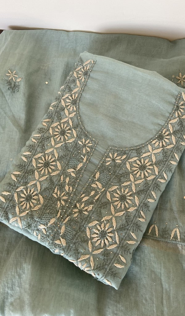 Grey pure mul chanderi kurta piece folded, fine contrast chikankari