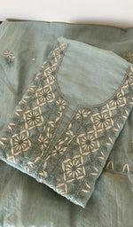 Grey pure mul chanderi kurta piece folded, fine contrast chikankari