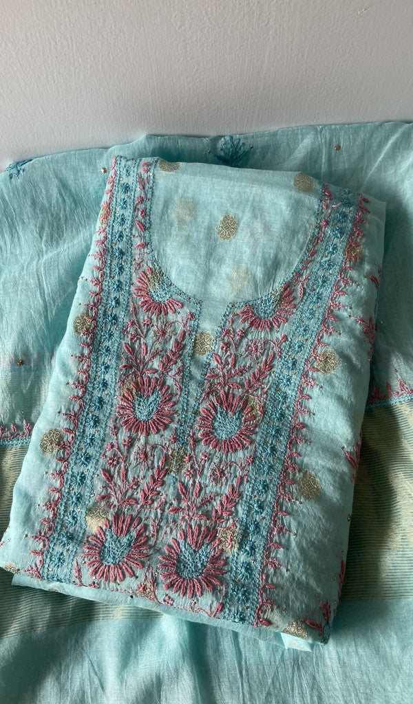 Blue pure mul chanderi kurta piece folded, fine contrast chikankari